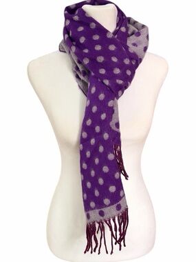 100% Scottish Cashmere Reversible Purple and 
Grey Polka Dot Fringe Scarf